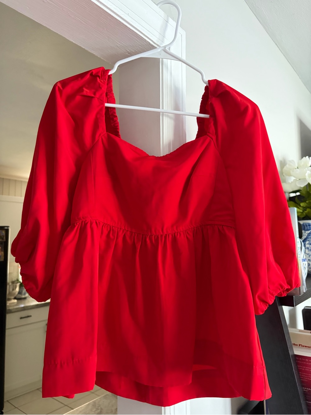 Bold Red Puff-Sleeve Peplum Blouse